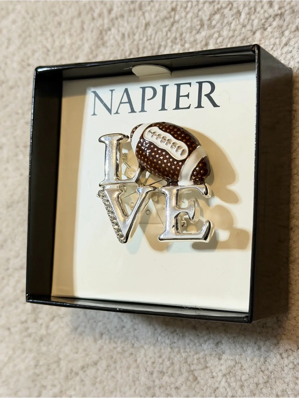 Napier Silver LOVE Pin with Brown Football Accent